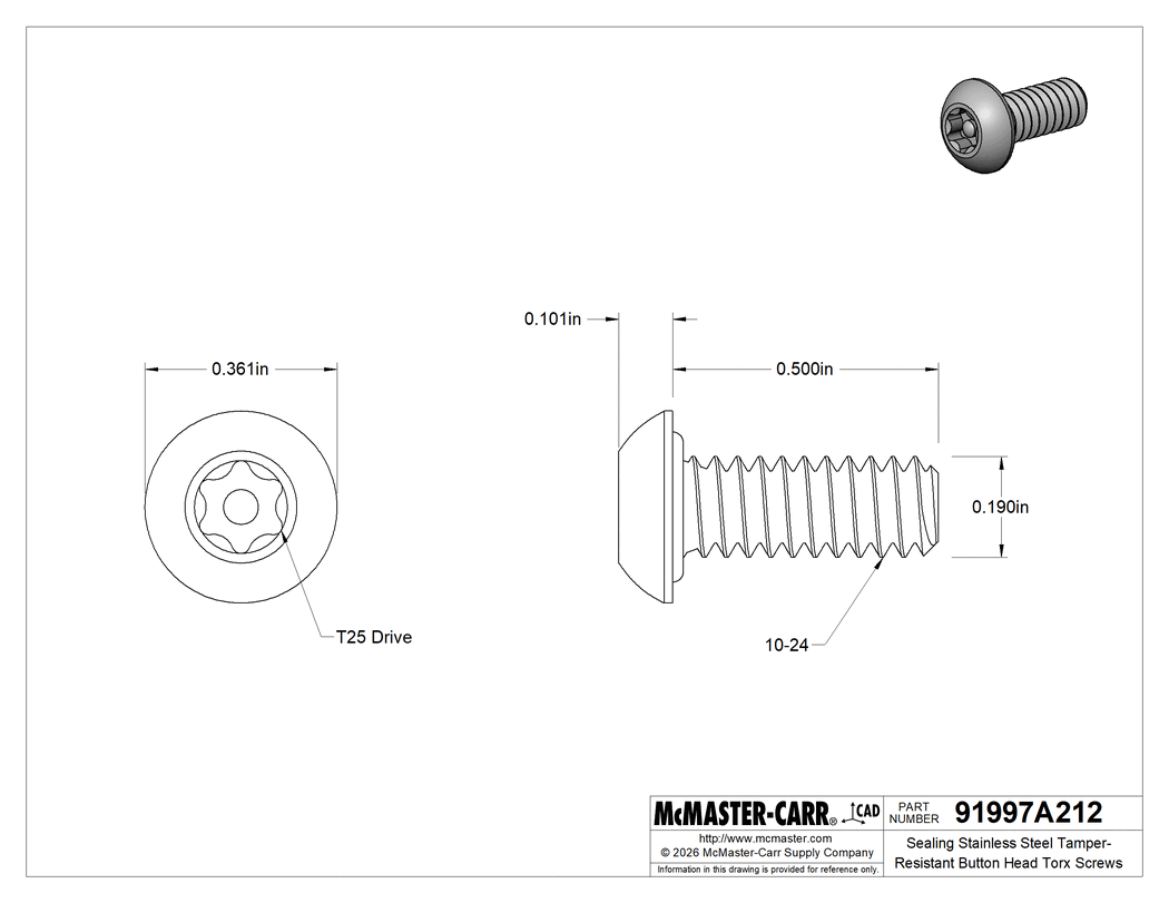 Technical Drawing of Sealing Stainless Steel Tamper-Resistant Button Head Torx Screws, with Buna-N O-Ring, 10-24 Thread Size, 1/2" Long.